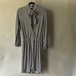 Striped Black & White Tie-Neck Shirt Dress